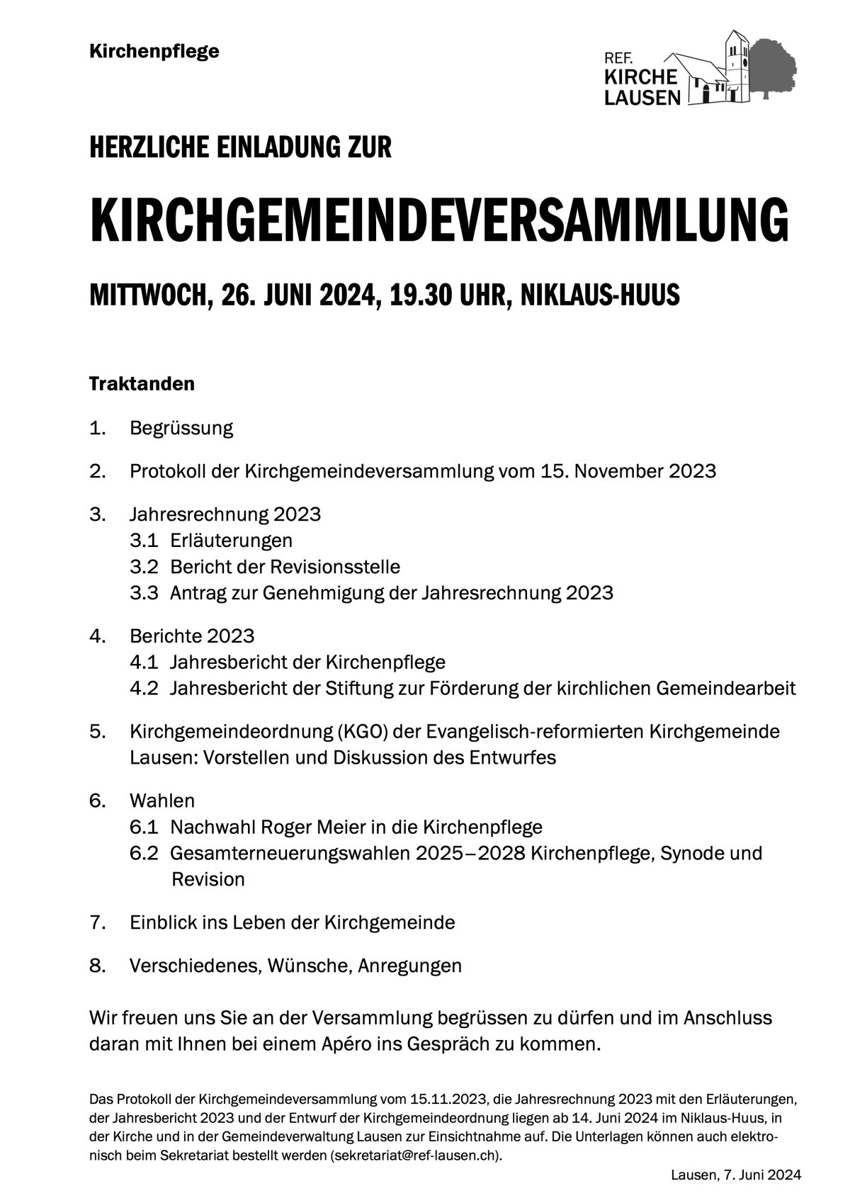 News » Kirchgemeindeversammlung Mittwoch 26.06. 19.30Uhr
