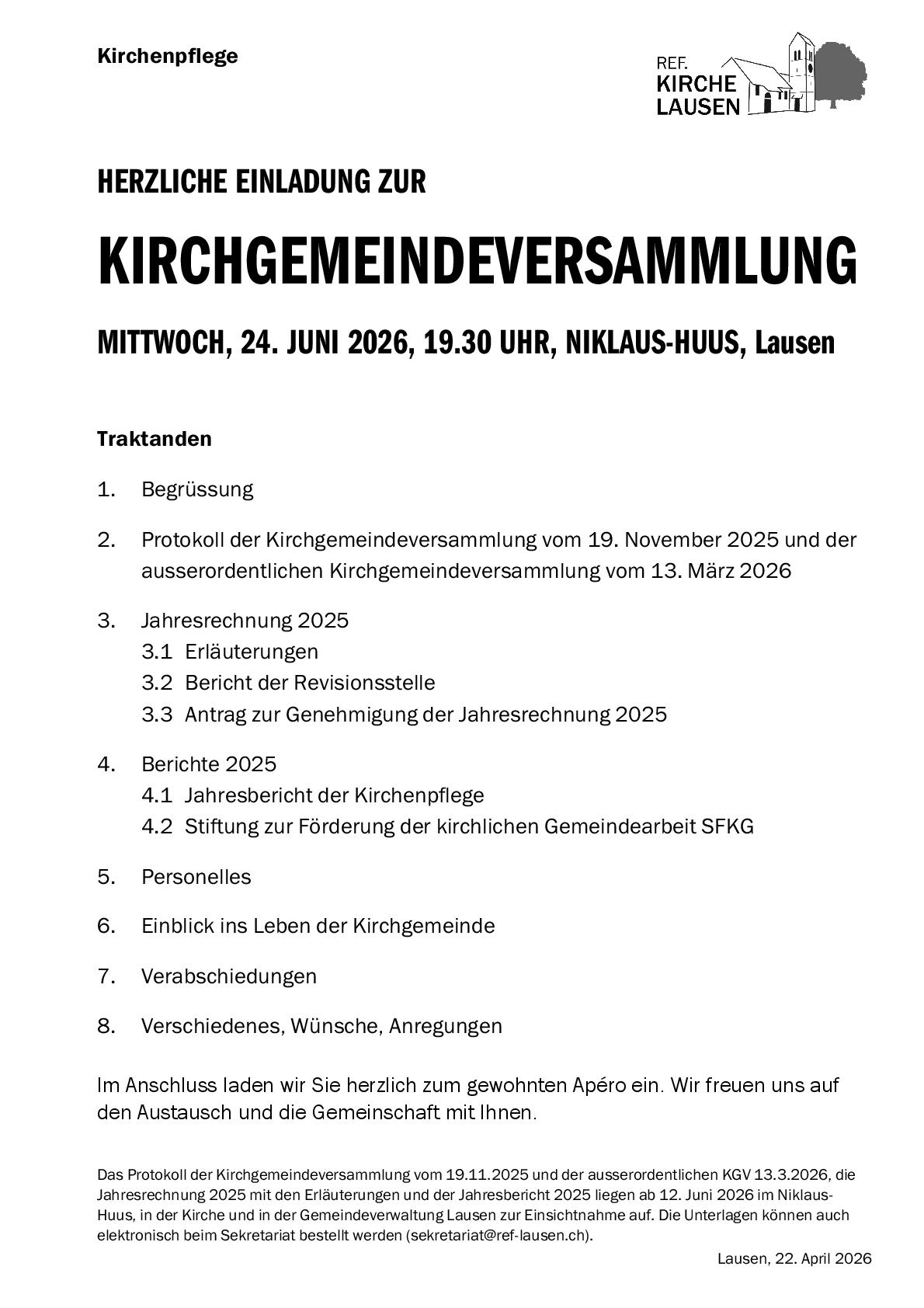 News » Kirchgemeindeversammlung Mittwoch 24.06. 19.30Uhr